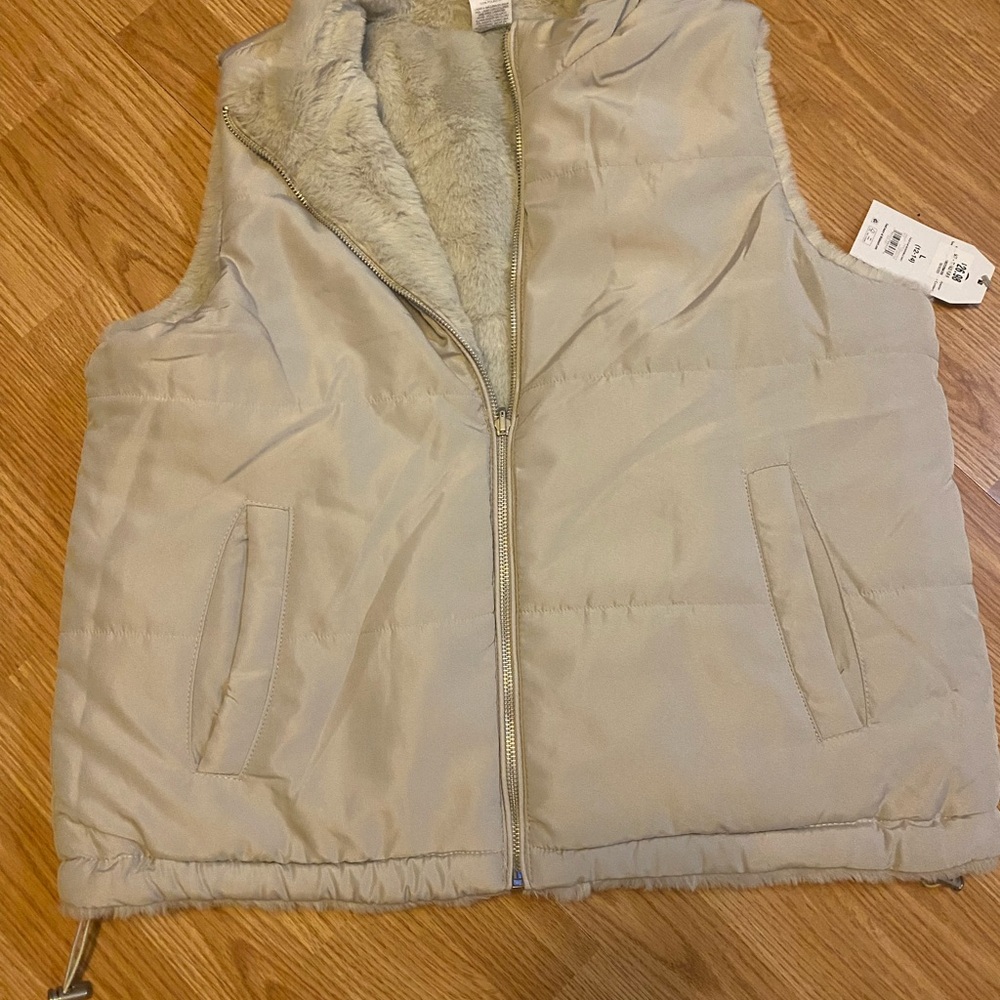 Neutral Beige Puffer Vest with Faux Fur Lining